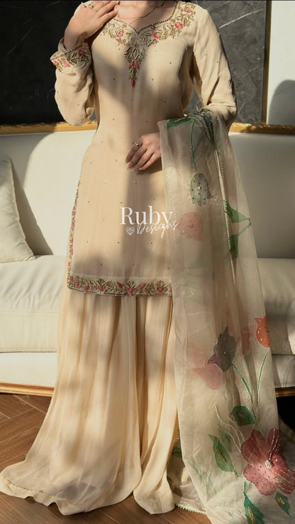 ZAIRA Dune - 3 Piece Chiffon Sharara Suit with Hand Painted Dupatta