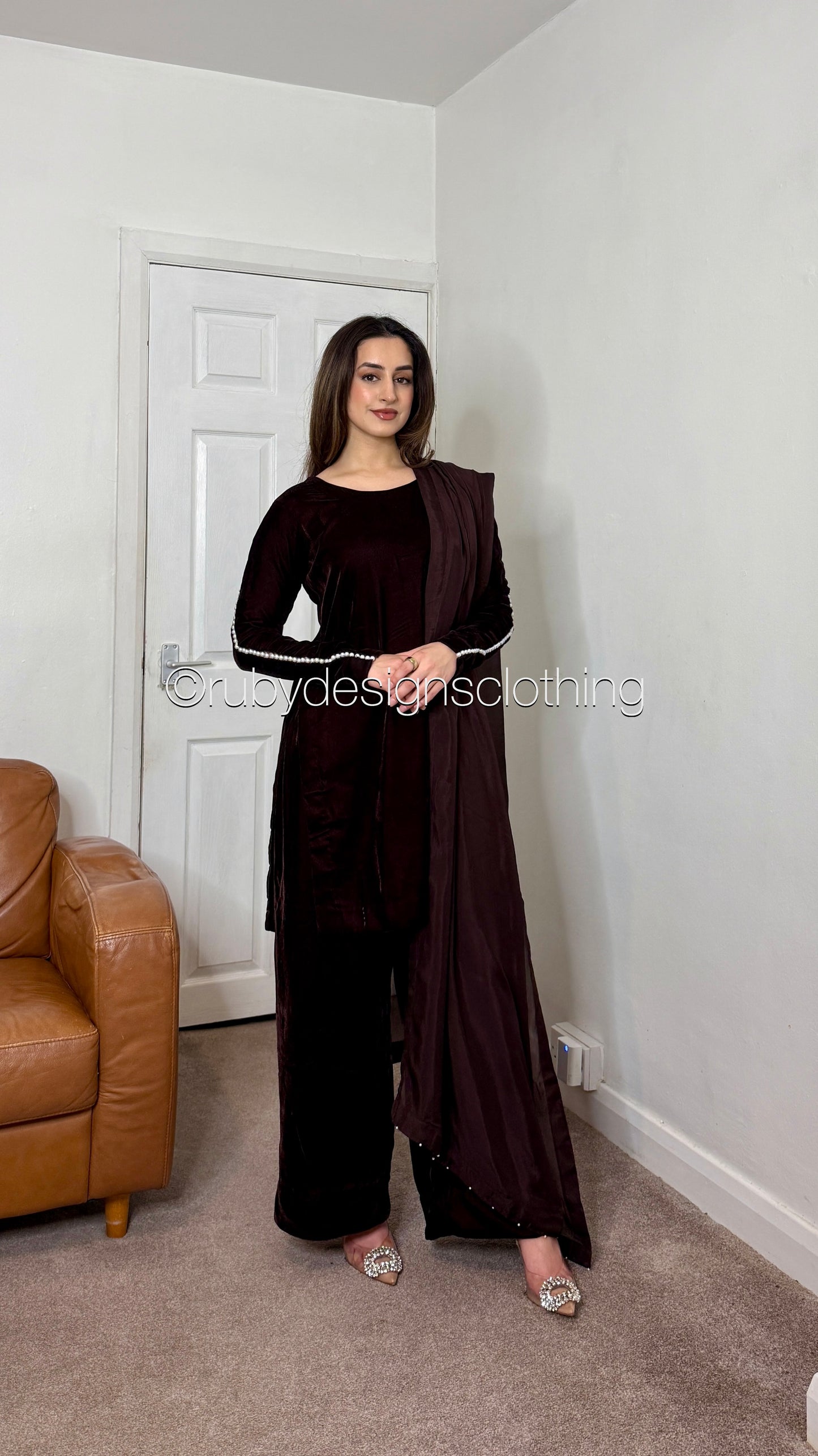 ADILA - 3 Piece Deep Brown Luxury Velvet Suit with Pearls