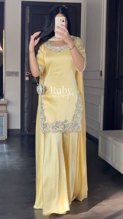 PARISA - 3 Piece Butter Yellow Silk Suit with Sharara