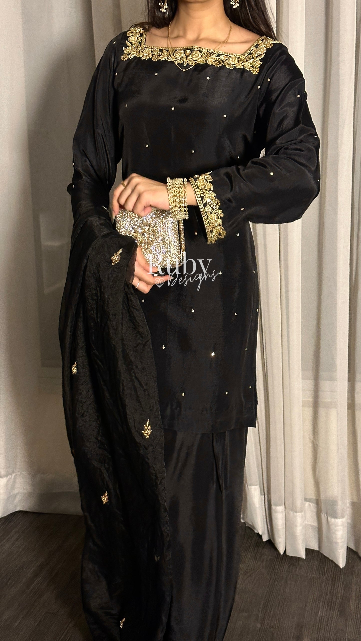 MEHER Noir - 3 Piece Silk Suit with Farshi Shalwar