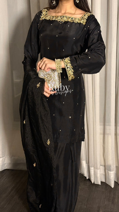 MEHER Noir - 3 Piece Silk Suit with Farshi Shalwar