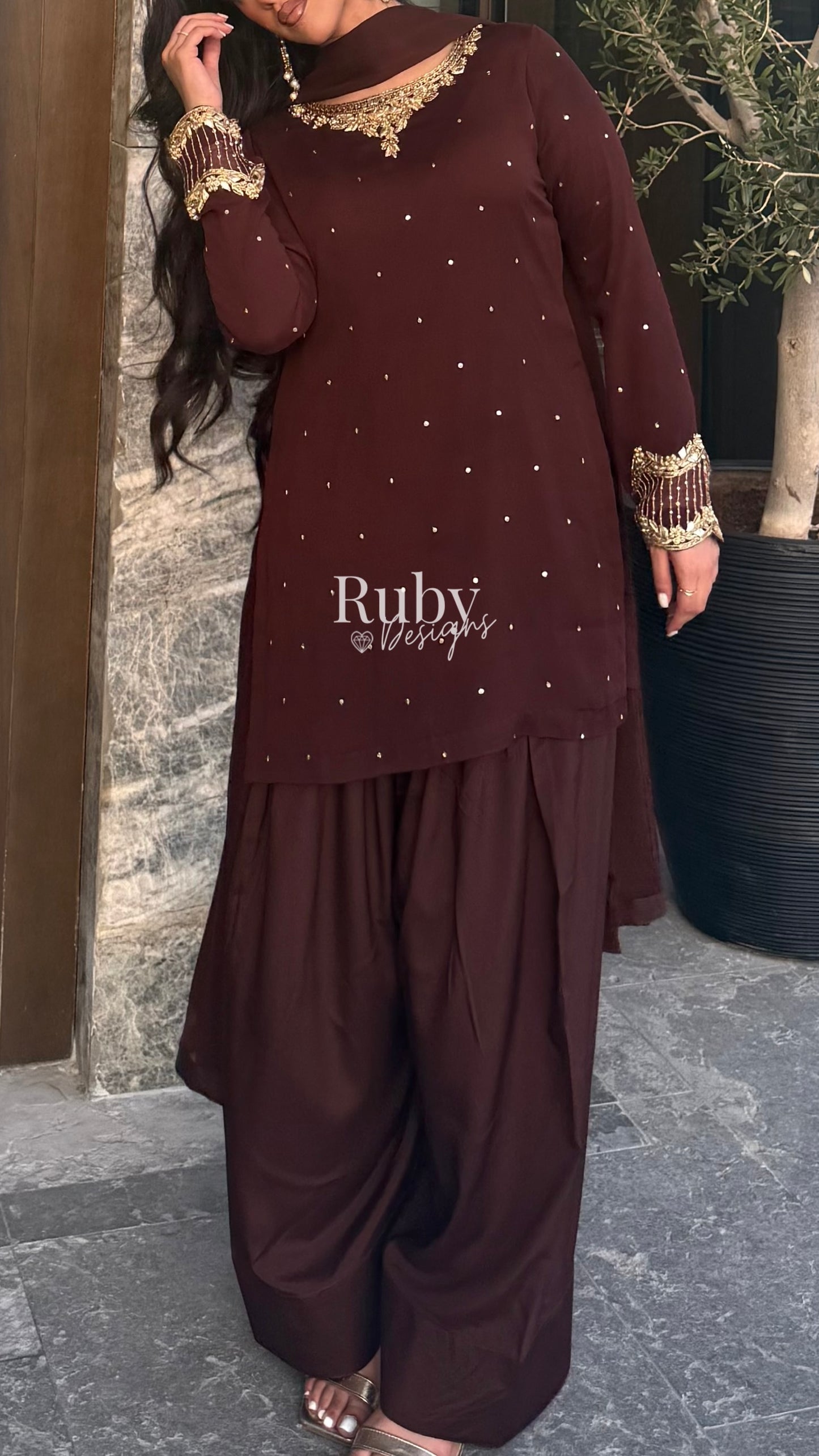 PRE-ORDER RAHA Mocha - Luxury 3 Piece Chiffon Suit with Farshi Shalwar