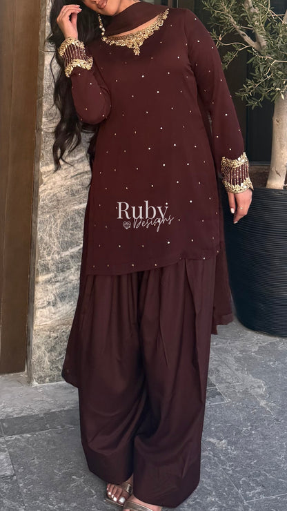 PRE-ORDER RAHA Mocha - Luxury 3 Piece Chiffon Suit with Farshi Shalwar