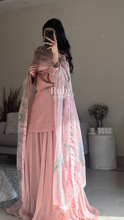 ZAIRA Rose - 3 Piece Chiffon Sharara Suit with Hand Painted Dupatta