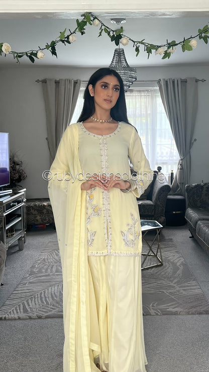 AROOSA Lemon - 3 Piece Chiffon Sharara with Handwork (8646795821269)