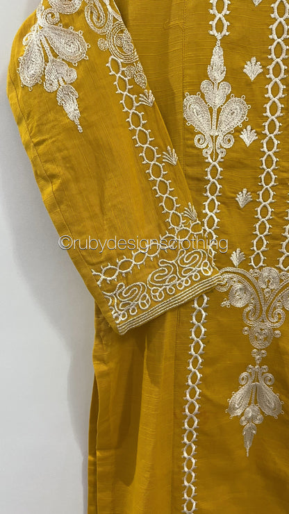 3 Piece Yellow Khaddar Suit with Shawl (8747599331541)