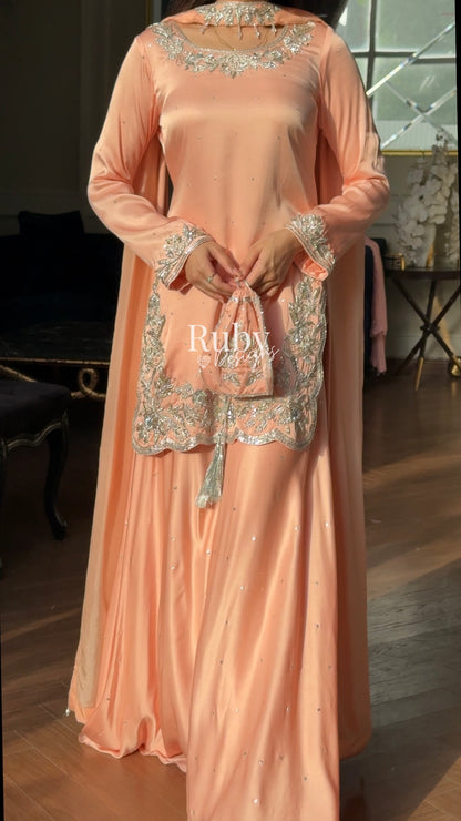 PARISA Peach - 4 Piece Silk Suit with Matching Potli Bag