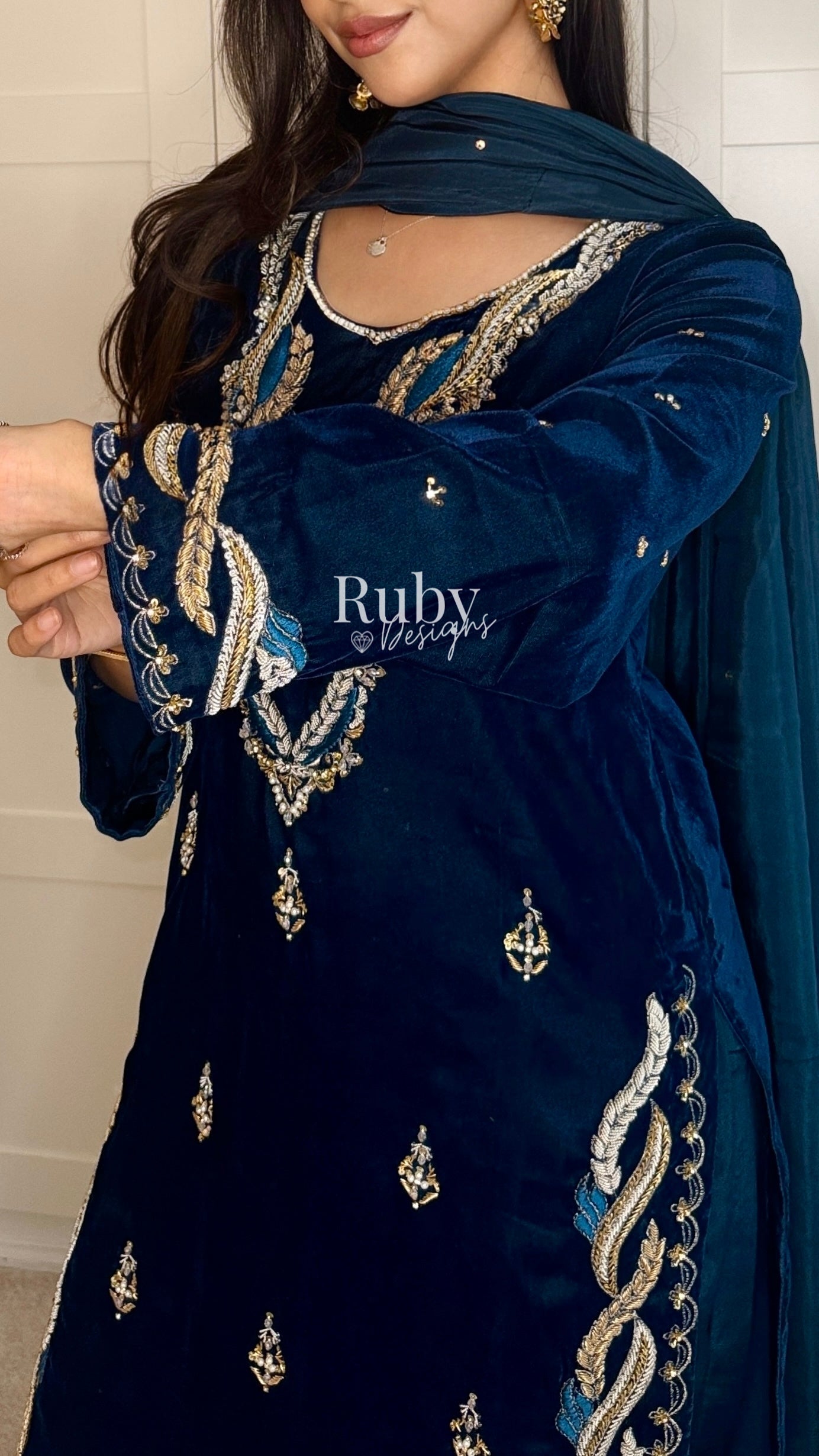 LINA - 3 Piece Teal Luxury Velvet Suit with Gold Handwork