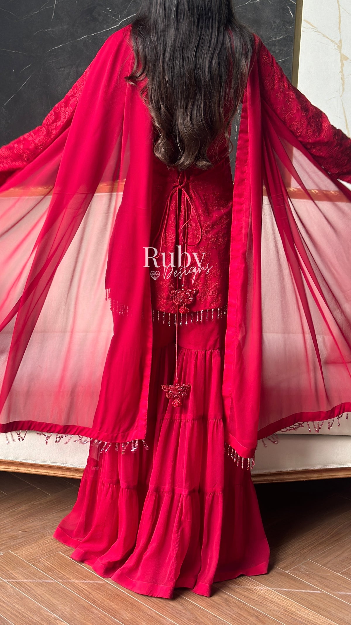 FARYAL Rouge - 3 Piece Chiffon Suit with Tiered Sharara