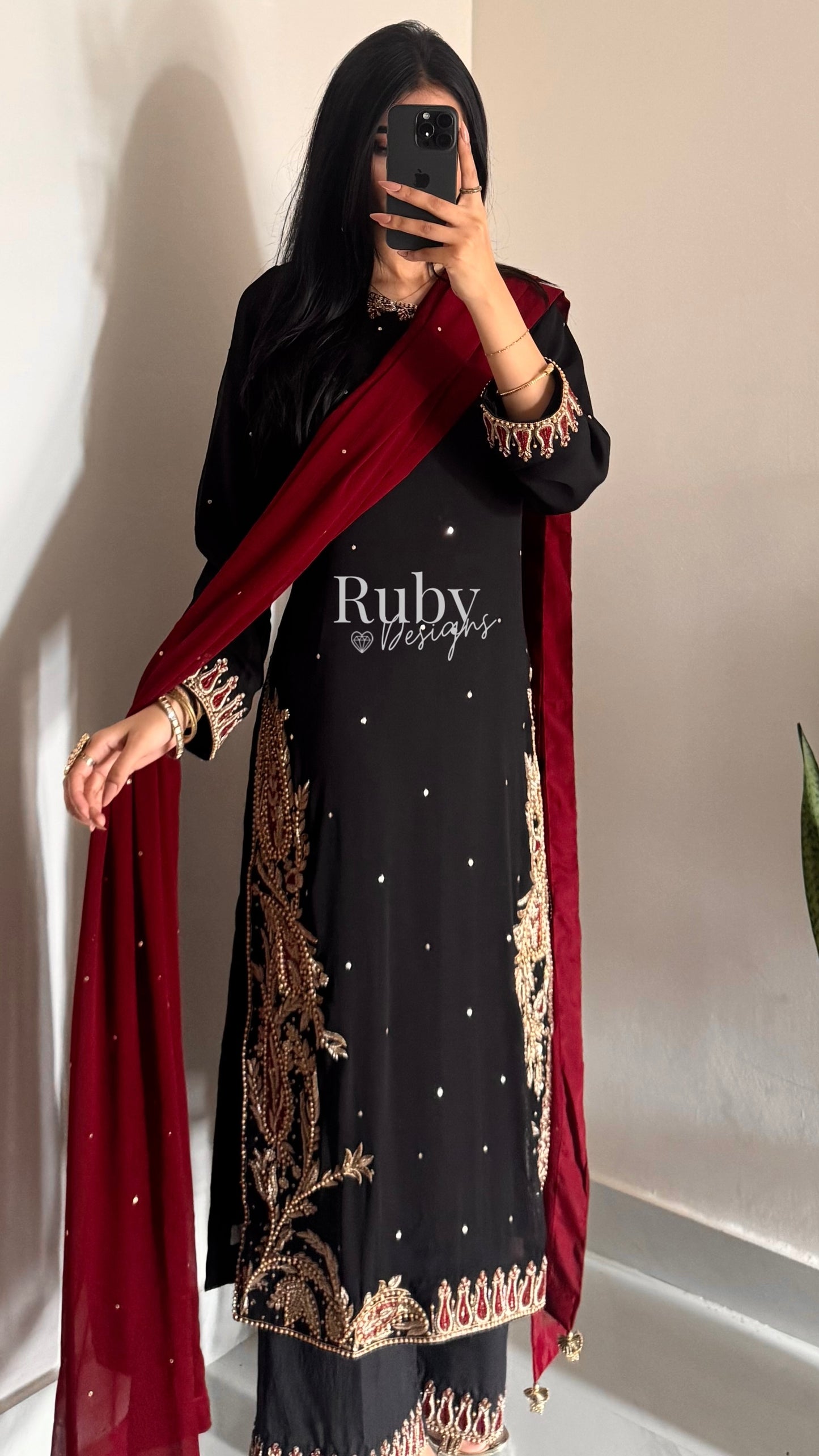 MEHRUNNISA - 3 Piece Black Chiffon Suit with Gold Handwork