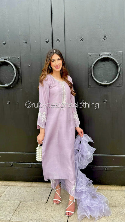 MIRAY Lilac - 3 Piece Luxury Korean Raw Silk Suit with Ruffle Dupatta