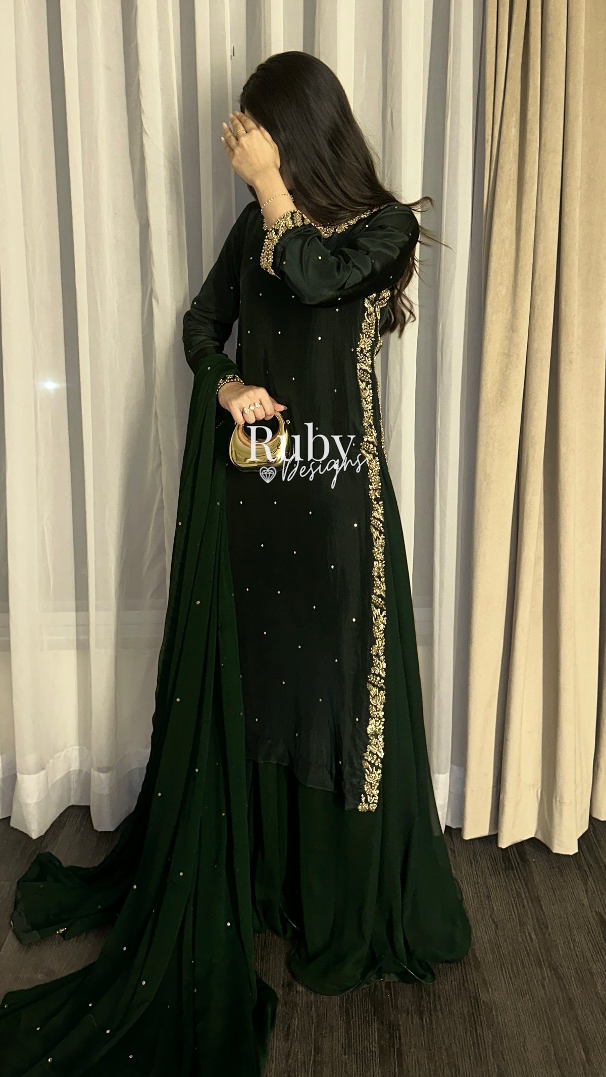 ZAINA Emerald - 3 Piece Silk Suit with Gold Handwork