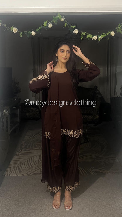 SAMAN Cocoa - 3 Piece Chiffon Suit with Embroidered Detailing