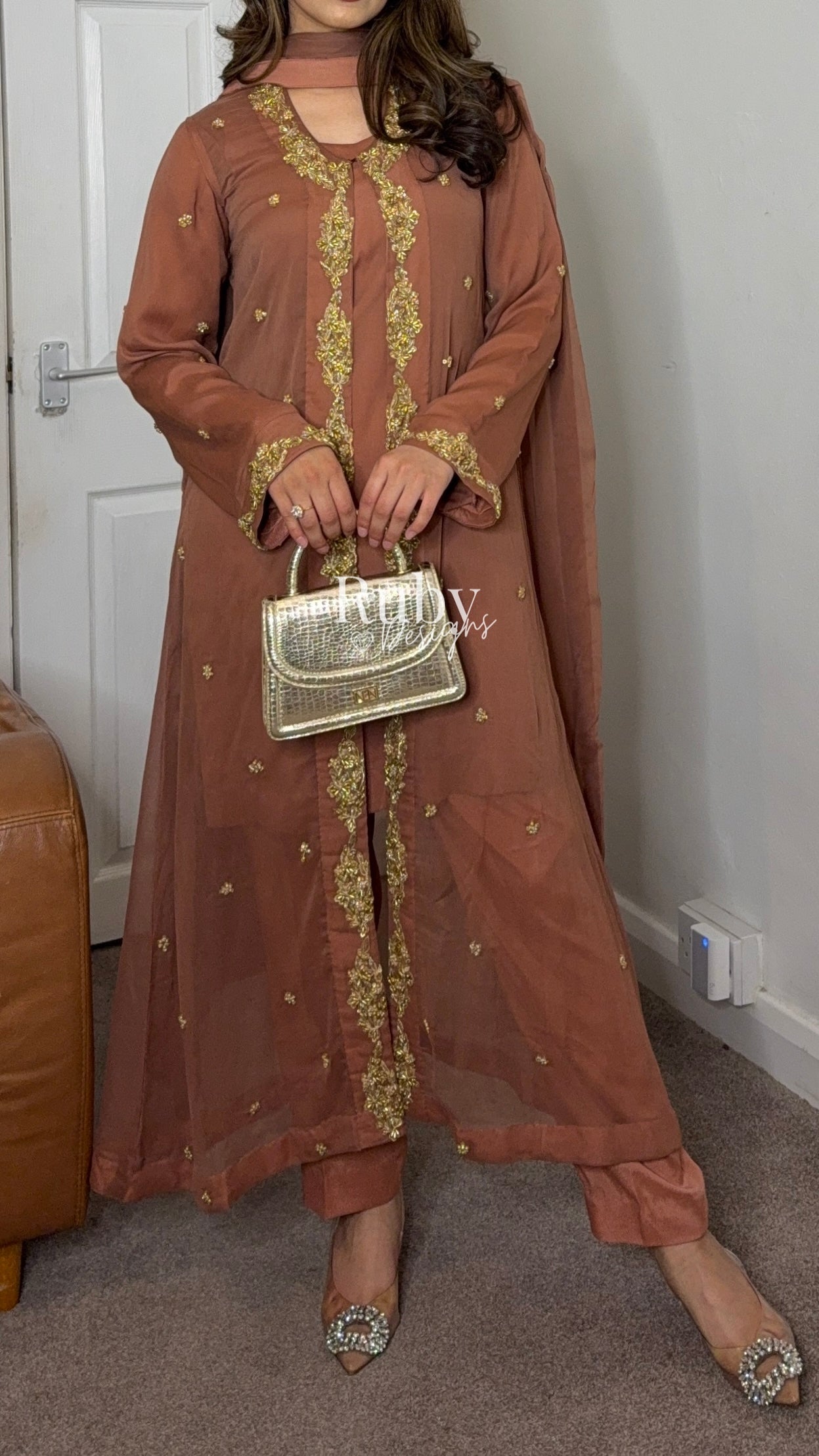 SORAYA - 4 Piece Chiffon Suit with Jacket and Gold Handwork