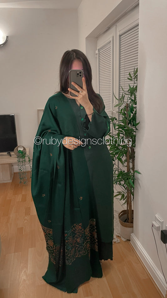 ZEHRA - 3 Piece Forest Green Marina Suit with Embroidered Pashmina Shawl