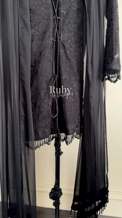 FARYAL Noir - 3 Piece Chiffon Suit with Tiered Sharara