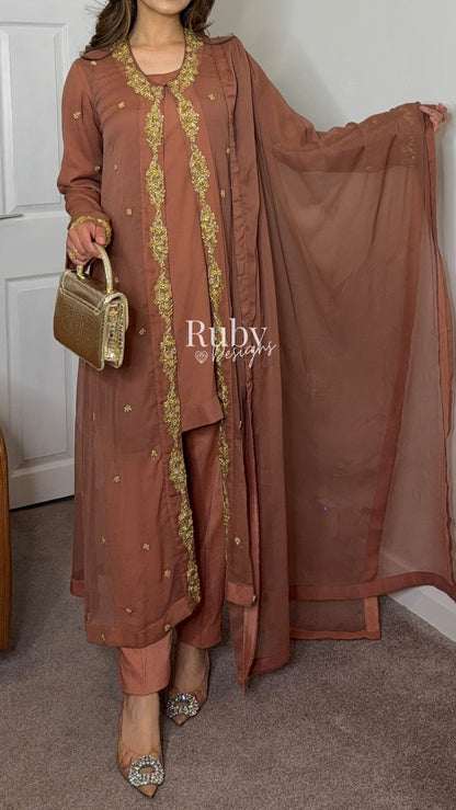 SORAYA - 4 Piece Chiffon Suit with Jacket and Gold Handwork
