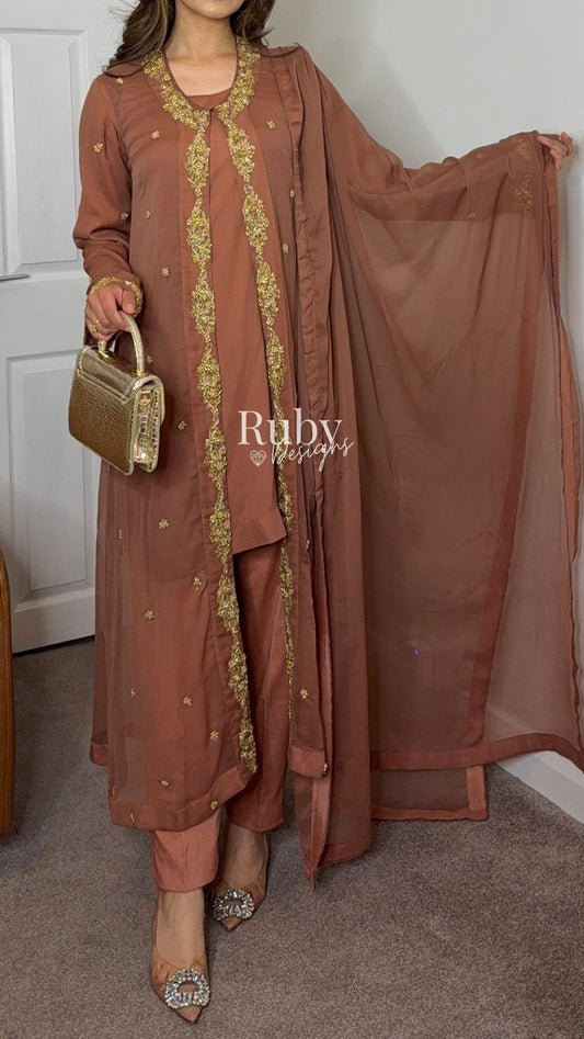 SORAYA - 4 Piece Chiffon Suit with Jacket and Gold Handwork