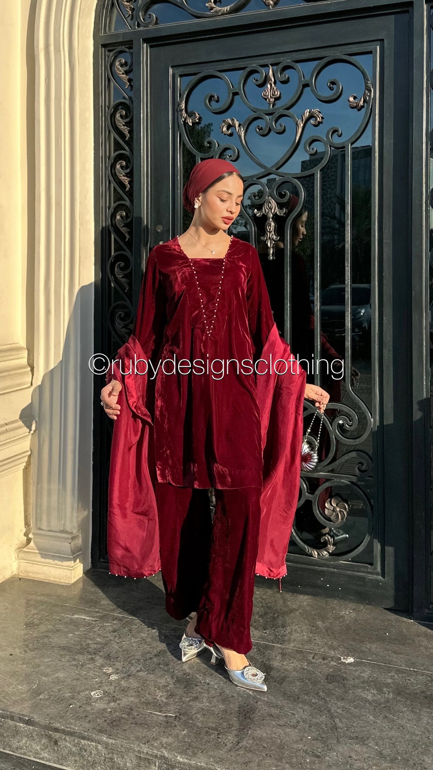 ANUM - 3 Piece Maroon Luxury Velvet Suit with Pearls