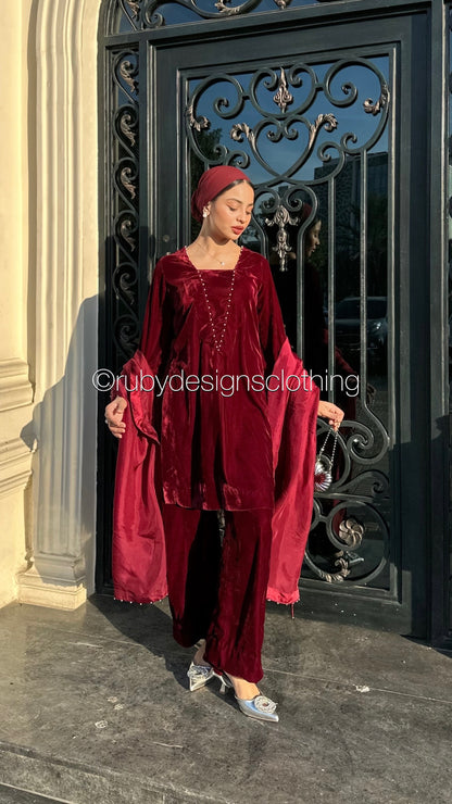 ANUM - 3 Piece Maroon Luxury Velvet Suit with Pearls