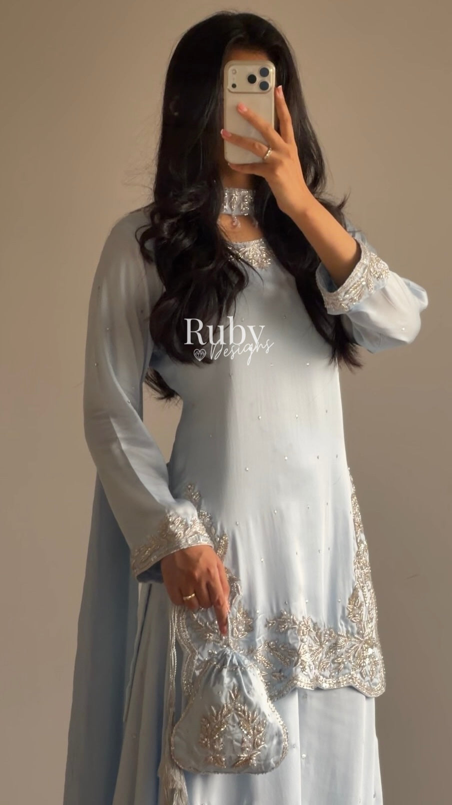 PARISA Sky - 4 Piece Silk Suit with Matching Potli Bag