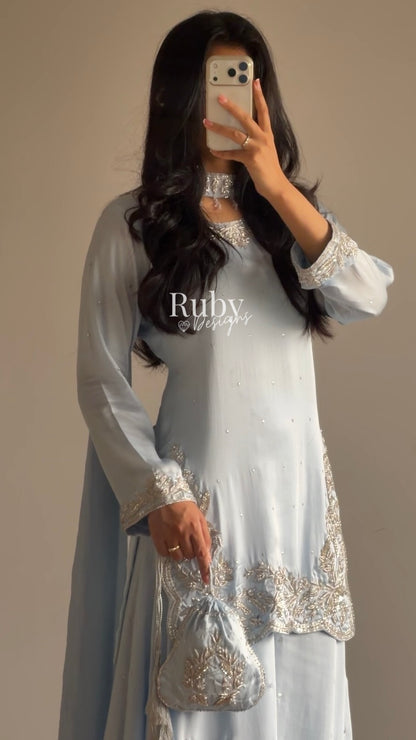 PARISA Sky - 4 Piece Silk Suit with Matching Potli Bag