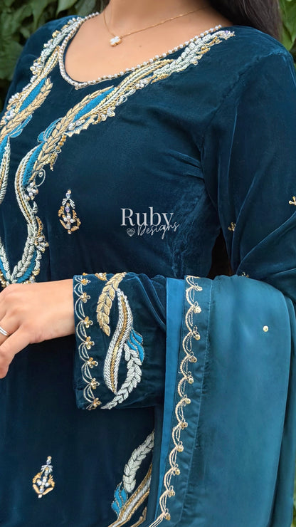 LINA - 3 Piece Teal Luxury Velvet Suit with Gold Handwork