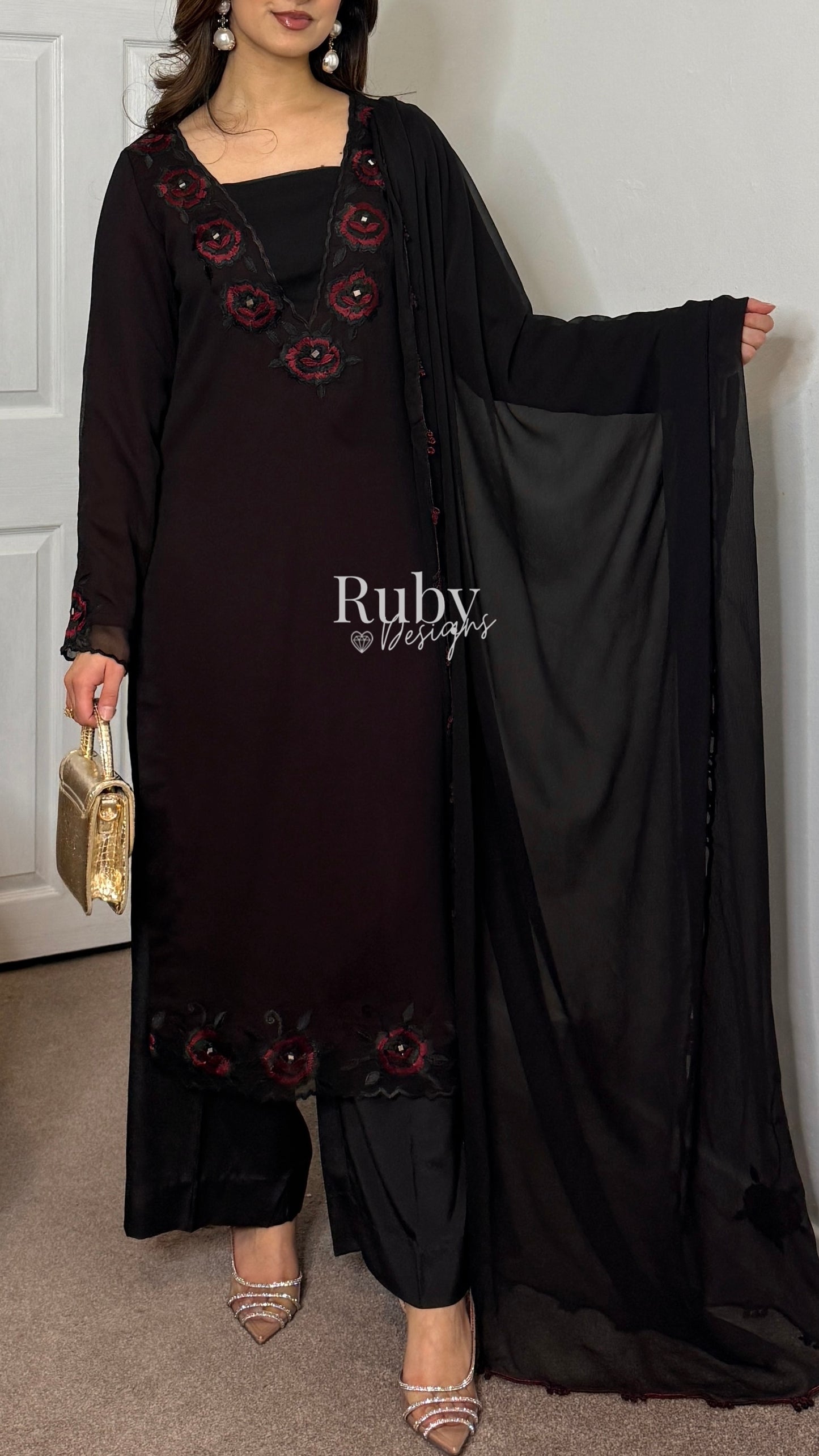 IFRA Noir - 3 Piece Chiffon Suit with Embroidery