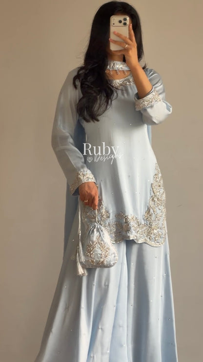 PARISA Sky - 4 Piece Silk Suit with Matching Potli Bag
