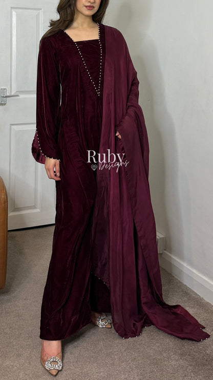 ANUM - 3 Piece Maroon Luxury Velvet Suit with Pearls