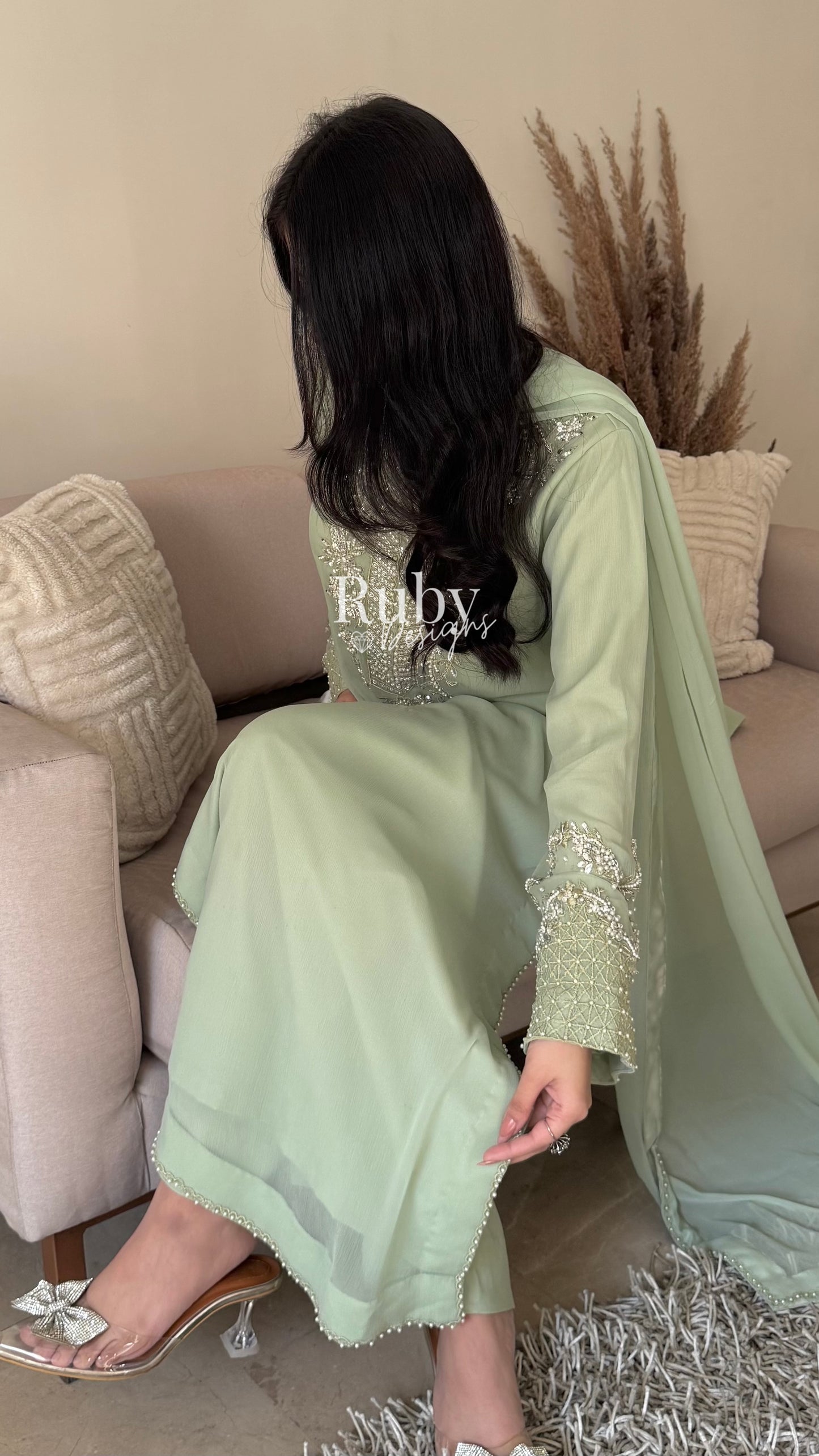 AREEN Mint - 3 Piece Chiffon Suit with Pearl and Stone Handwork