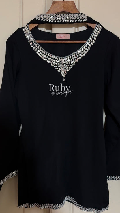 EISHA - 3 Piece Black Chiffon Suit with Premium Crystal Handwork