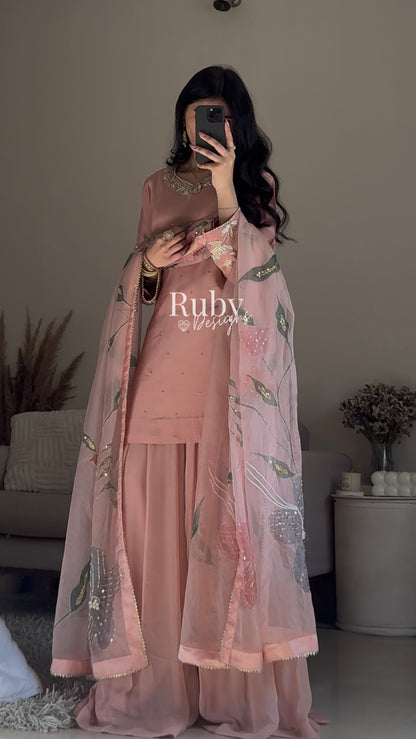 ZAIRA Rose - 3 Piece Chiffon Sharara Suit with Hand Painted Dupatta
