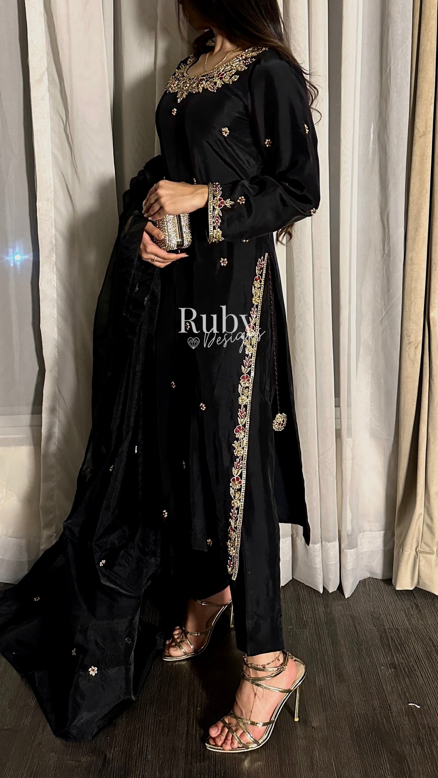 MEHRA - 3 Piece Black Silk Suit with Organza Dupatta