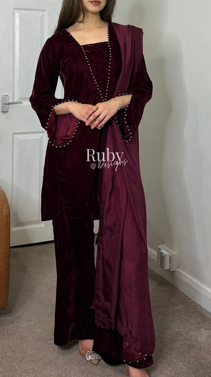 ANUM - 3 Piece Maroon Luxury Velvet Suit with Pearls