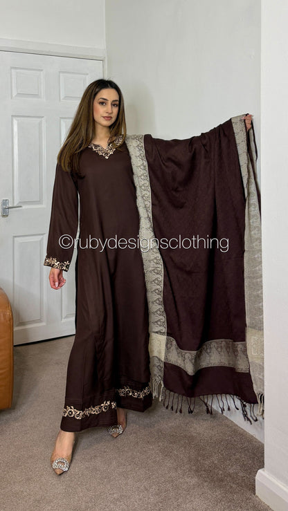 SAFIYA - 3 Piece Brown Marina Suit with Shawl
