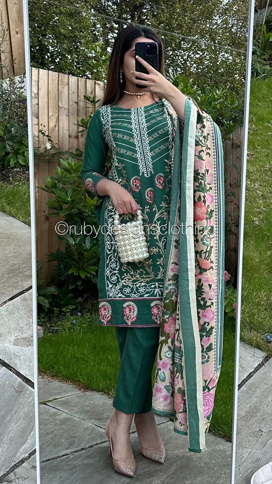 3 Piece Green Khaddar Suit with Shawl (8746815717589) (8747216896213)