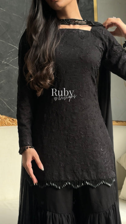 FARYAL Noir - 3 Piece Chiffon Suit with Tiered Sharara