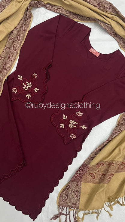 RIHAM - 3 Piece Maroon Marina Suit with Shawl