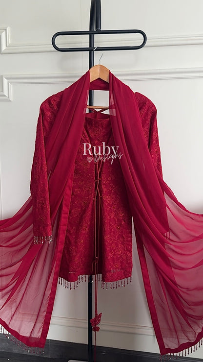 FARYAL Rouge - 3 Piece Chiffon Suit with Tiered Sharara