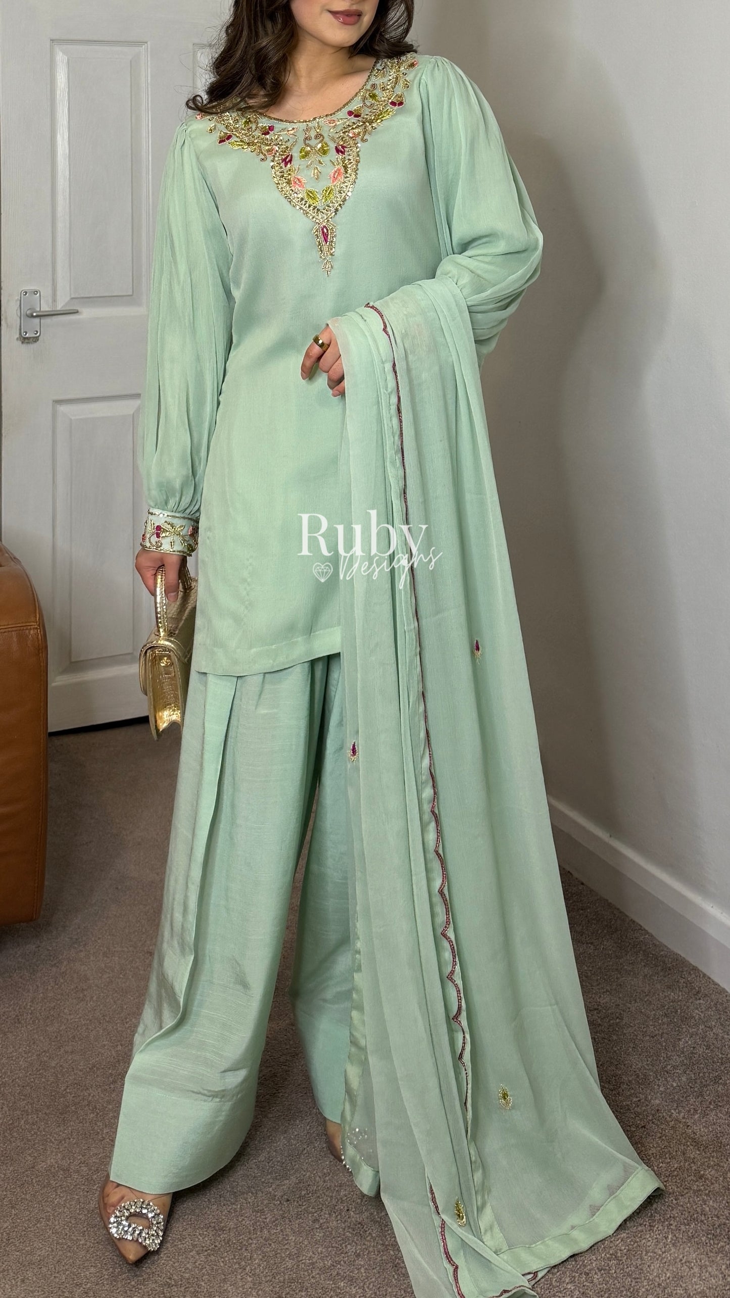 SERENE Mint - Luxury 3 Piece Chiffon Suit with Farshi Shalwar
