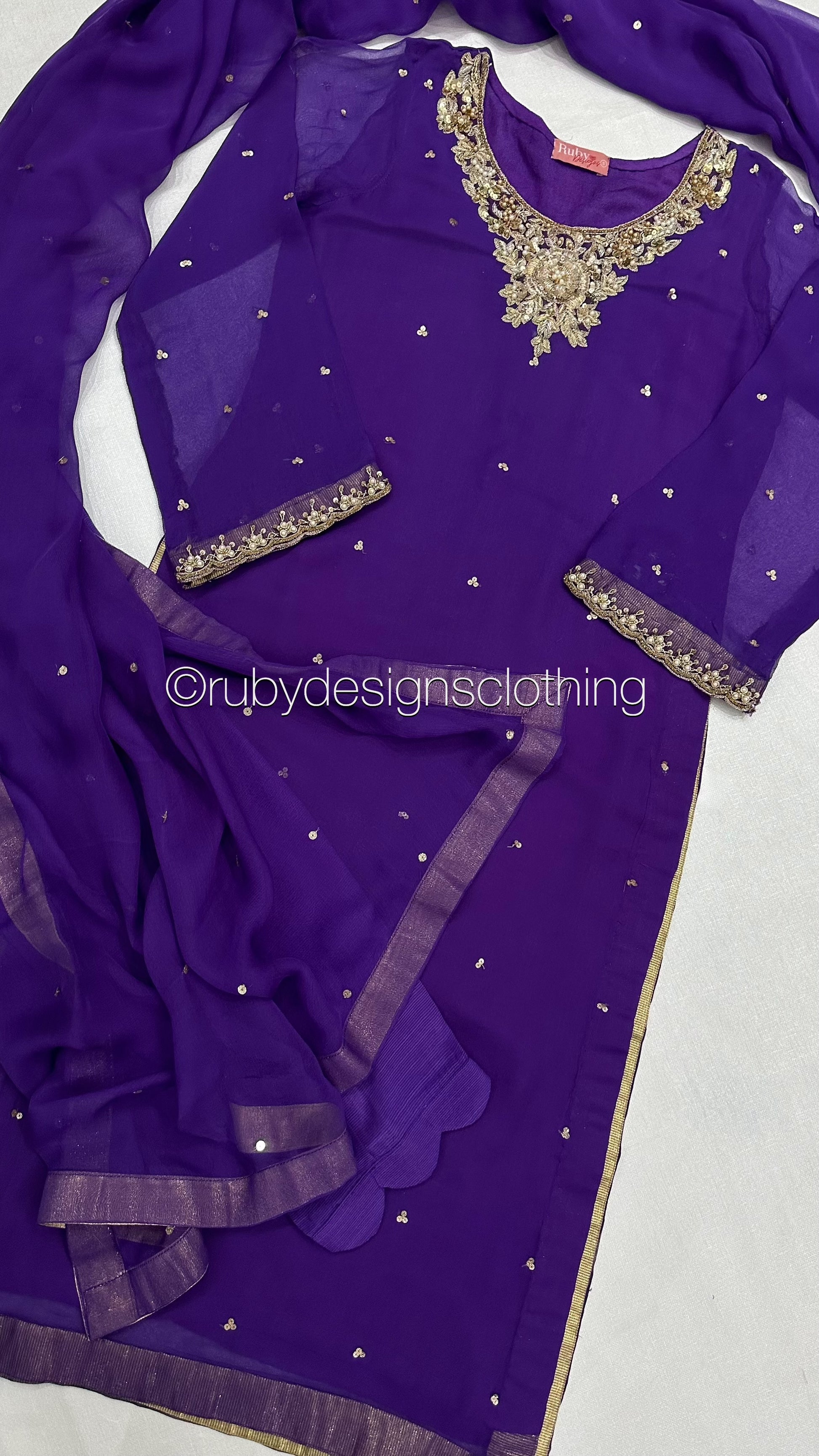 ALVIA Purple Piece Purple Chiffon Suit with Gold Handwork