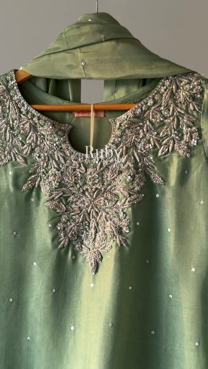 MARWA - 3 Piece Sage Green Silk Suit with Shalwar