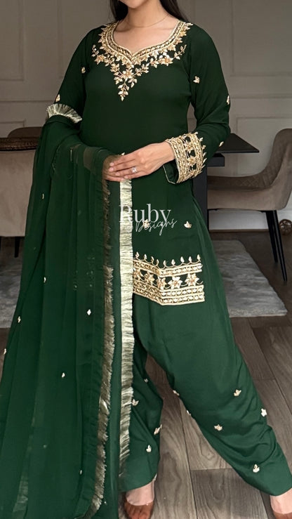 SAJAL Emerald - 3 Piece Chiffon Suit with Farshi Shalwar and Gota Handwork