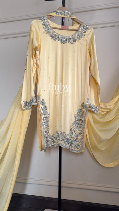 PARISA - 3 Piece Butter Yellow Silk Suit with Sharara