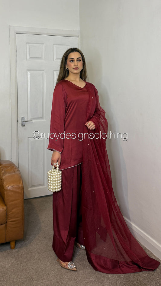 LAYLA Dusk - 3 Piece Silk Suit with Farshi Shalwar and Silver Gota Trim