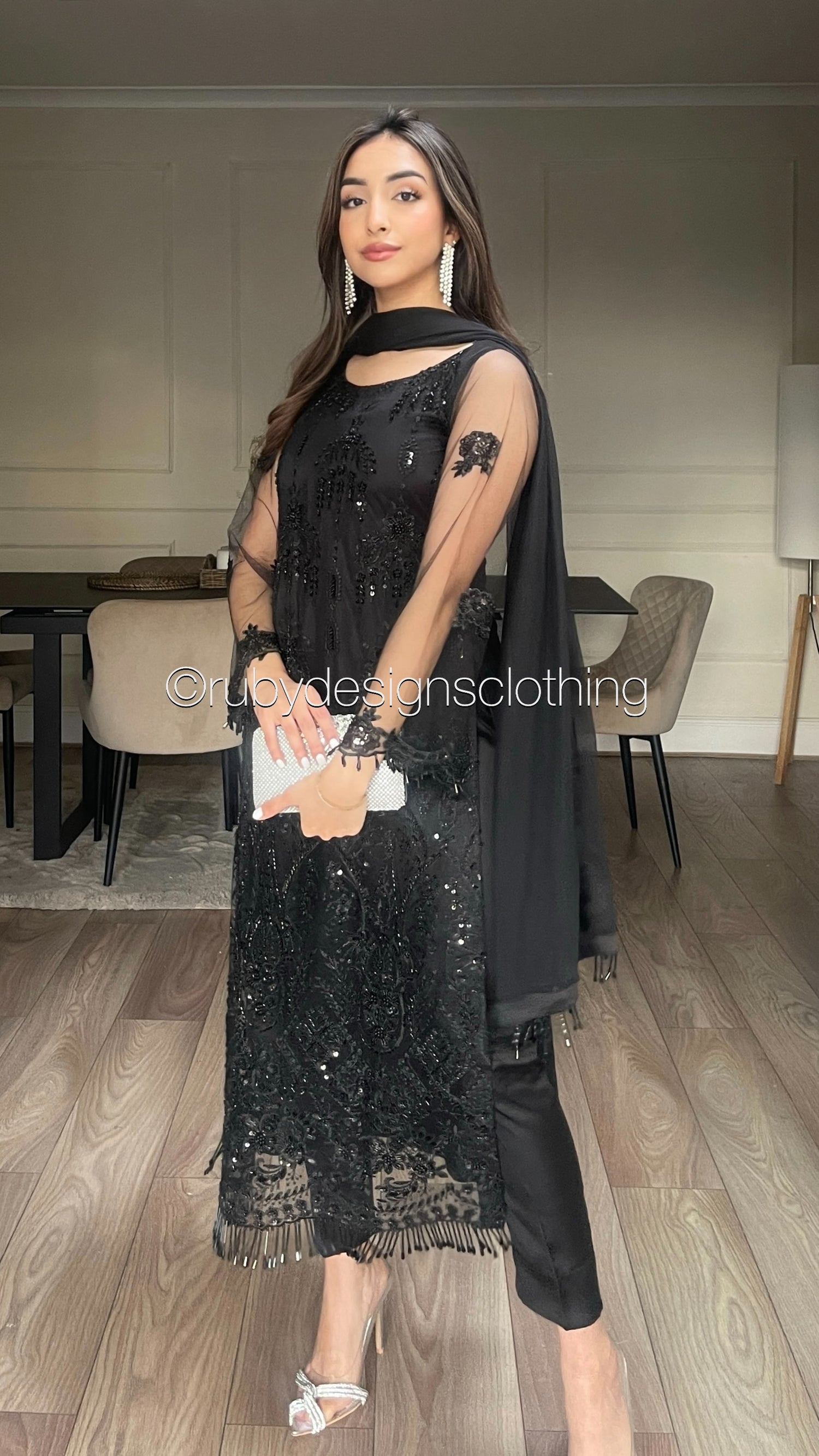 SANA - 3 Piece Jet Black Net Suit with Net Dupatta and Tassels (8301864222933)