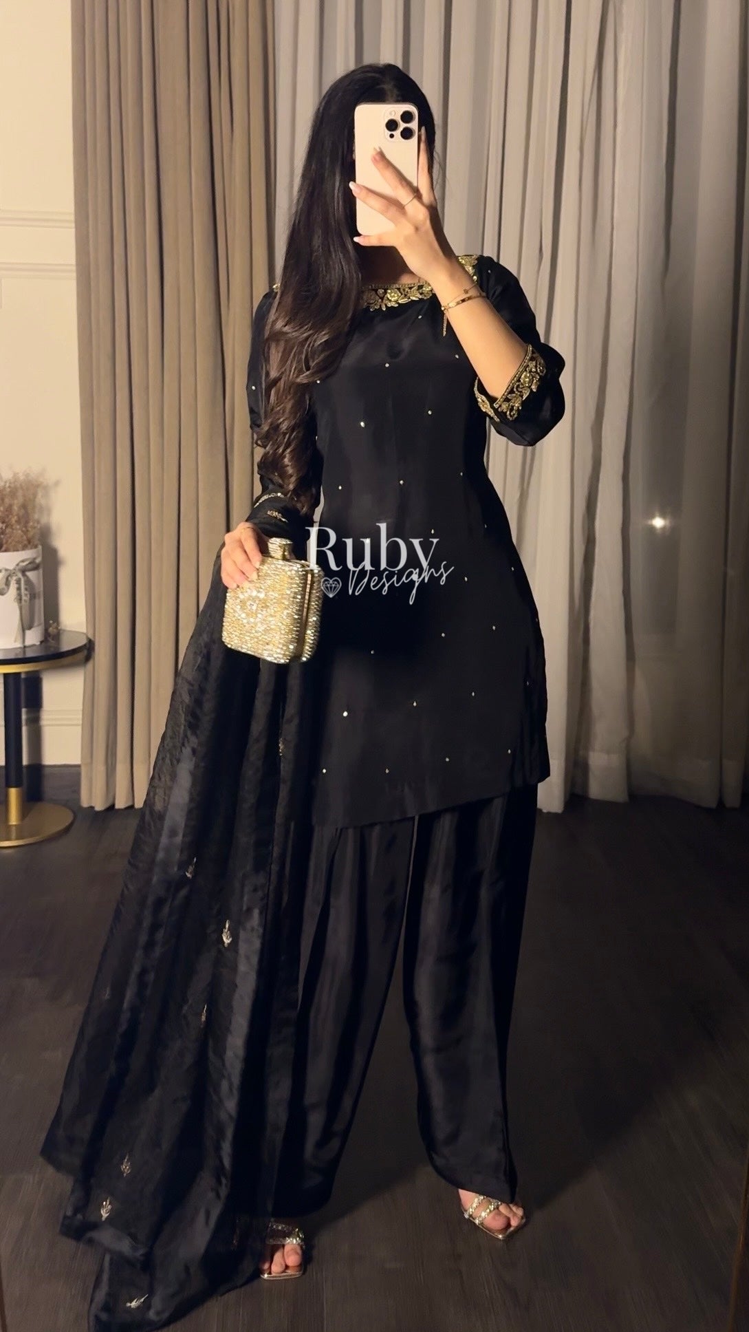 MEHER Noir - 3 Piece Silk Suit with Farshi Shalwar