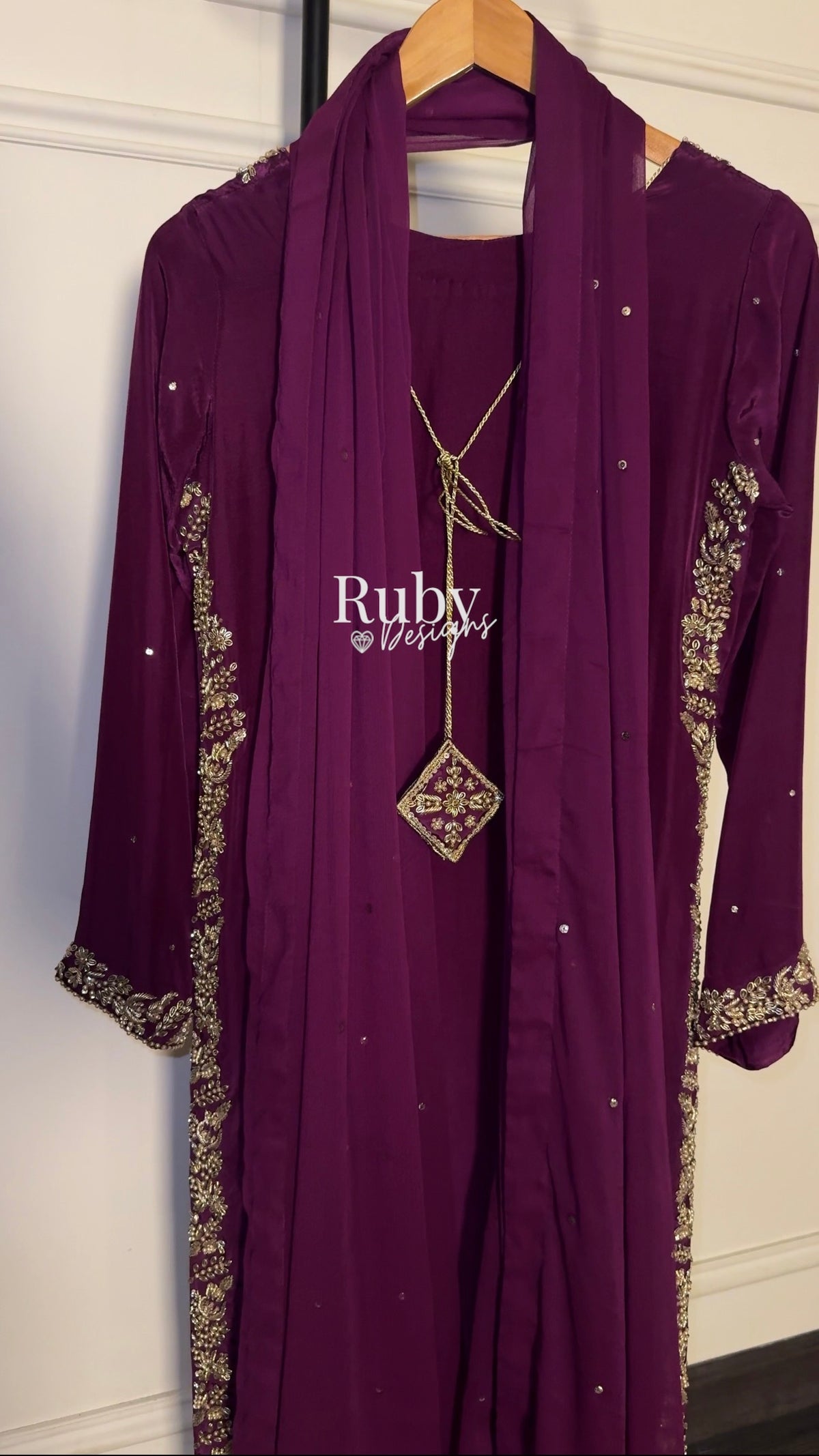 ZAINA Mulberry - 3 Piece Silk Suit with Gold Handwork