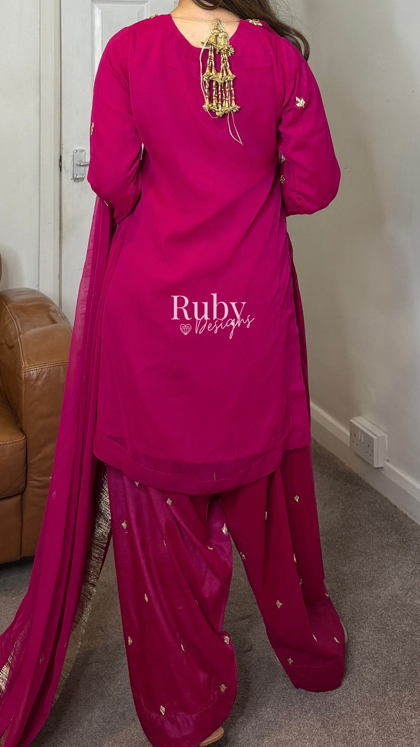 SAJAL Rose - 3 Piece Chiffon Suit with Farshi Shalwar and Gota Handwork